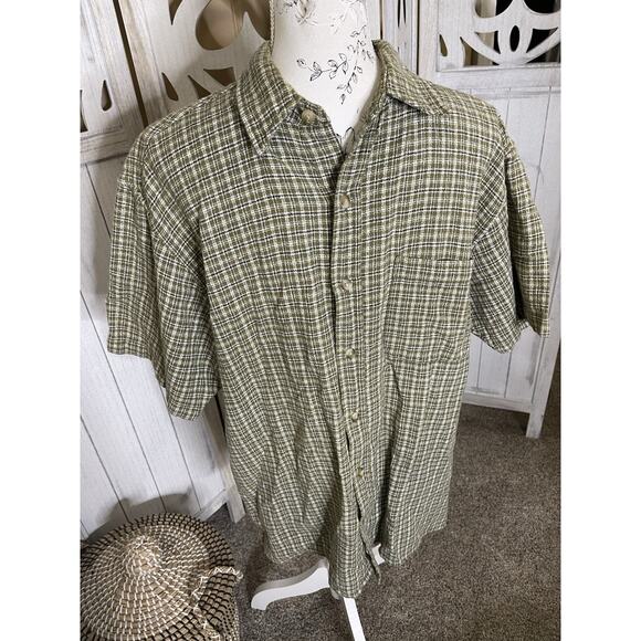 Pure Stuff Plaid Button Short Sleeve Cotton Western Green Shirt Top Sz Large - Picture 1 of 4